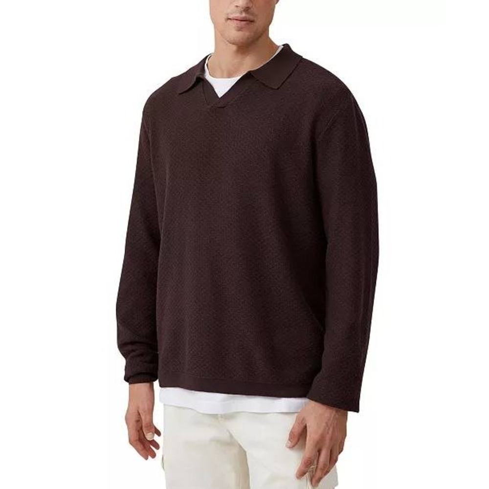 Cotton On Men's Brown Cotton‎ Textured Knit Long Sleeve Polo Sweater Large
